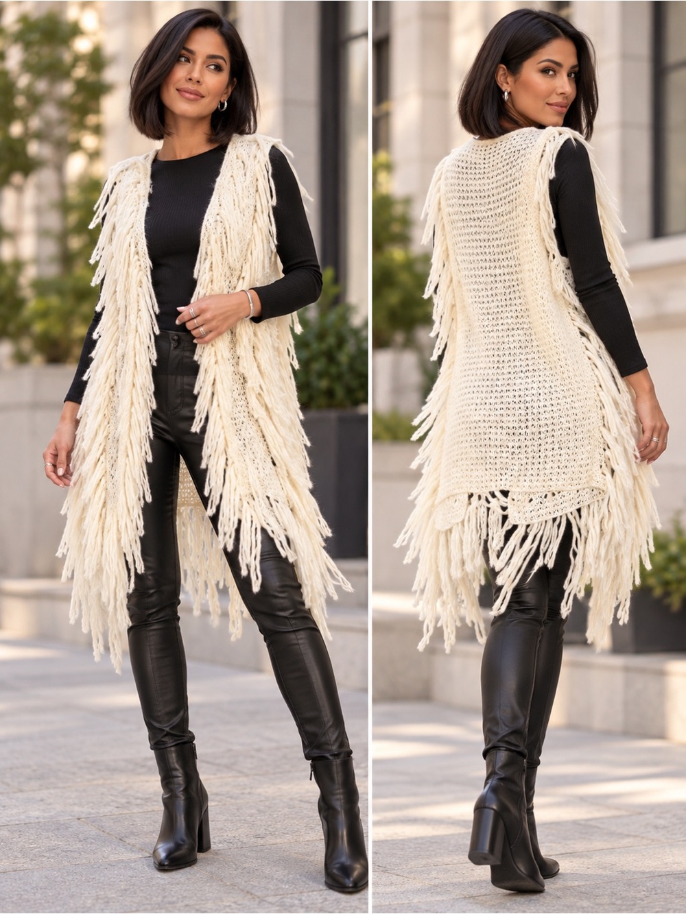 Rue21 Cream Fringed Open Knit Long Vest